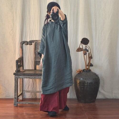Women Loose Solid Color Stand Collar Dress Ladies Linen Dresses Female Vintage Plus Size Robe Dress 2021 Spring Summer
