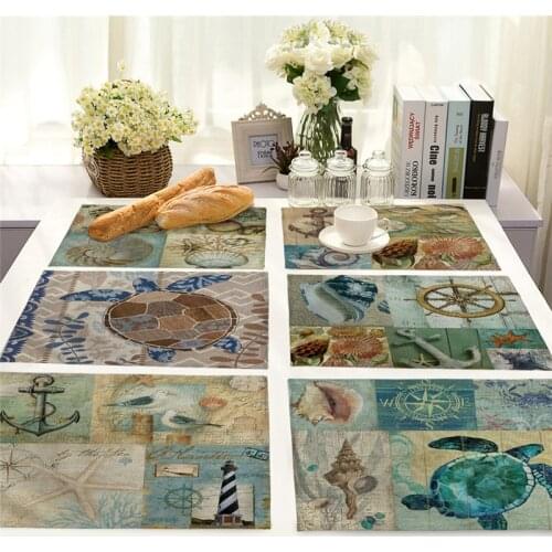 1Pcs Sea Turtle Anchor Pattern Kitchen Placemat Table Mat Drink Coaster Cotton Linen Pad Dish Cup Mat 42*32cm Home Decor MS0024