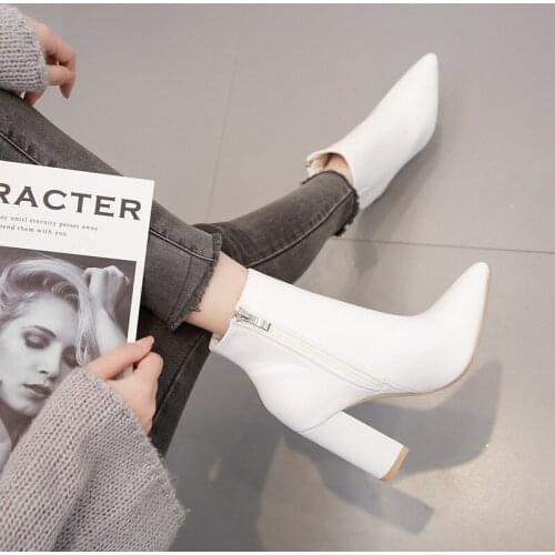 2021 Autumn Women Mid Calf White Point Toe Boots High Heels Fashion Booties Womens Boots White Ladies Womens Winter High Boots