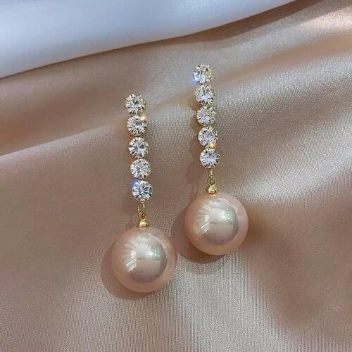 Shinning Rhinestone Big Pearl Long Drop Earrings For Women Etrendy 2021 New Jewelry Personality Korean Brincos Wholesale