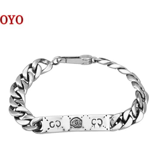 100% 925 sterling silver personality net celebrity hand jewelry couple horsewhip chain hipster fashion skull bracelet 8mm