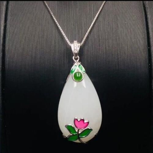 Exquisite Natural Hetian Jade Carved Flower Drop Chinese Pendant 925 Silver Amulet Auspicious
