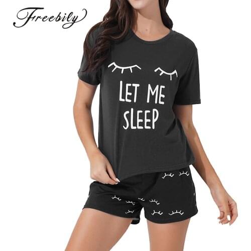2Pcs Womens Cotton Short Pajama Set Cute Print Tee Top and Shorts Sleepwear Pjs Set