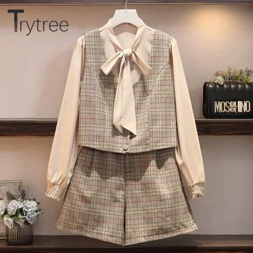 Trytree Autumn Women Plaid Three piece sets Casual Single-breasted Tank Top + Blouse + Shorts Zip Office Lady Suit 3 Piece Set