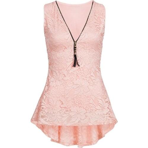 Summer Women Sleeveless V Neck Close Fitting Lace Zipper Vest Top Shirt Blouse new