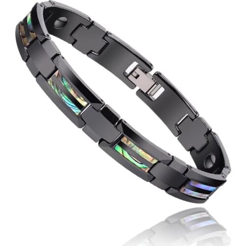 New Fashion Colorful Natural Deep Sea Shells Inlay Black Ceramic Energy Magnetic Bracelets for Man/Boys Free Shipping