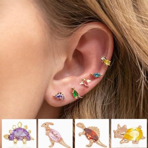 Fashion Inlaid Zircon Copper Dinosaur Stud Earrings Simple Cute Real Gold-plated Color Zircon Earrings For Women Girls Jewelry