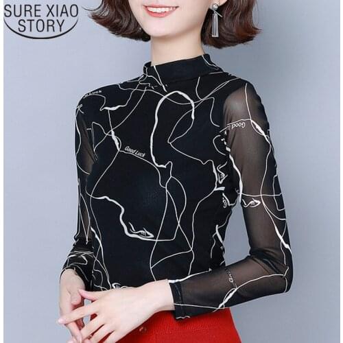Fashion Mesh Long Sleeve 2021 Print Bottomed Women Shirts Slim Ladies Tops Hollow Black Sexy Blouses New Stand Plus Size 7509 50