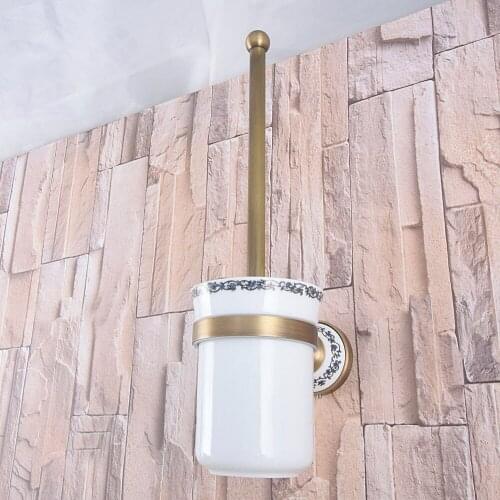 Wall Mounted Vintage Retro Antique Brass Bathroom Toilet Brush Holder Set Bathroom Accessory Single Ceramic Cup mba785