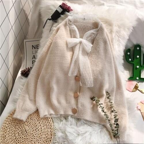 Solid Fleece Cashmere Women Sweater And Cardigan V-Neck Button Sweet Office Lady Elegant All Match Winter New Outwear Coat Tops