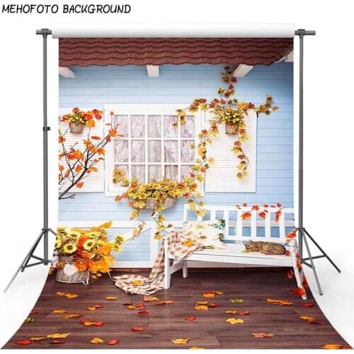 Autumn Photography Backgrounds 5x7ft Yellow Leaves with Brown Wood Floor Photography Backdrop White Chair Photo Studio Props
