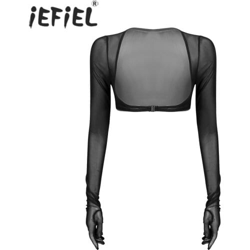 Women See-through Open Chest Gloves Tops Long Sleeve Open Front Buckle Mesh Crop Tops Ladies Leotard T-Shirts Tees for Nightclub