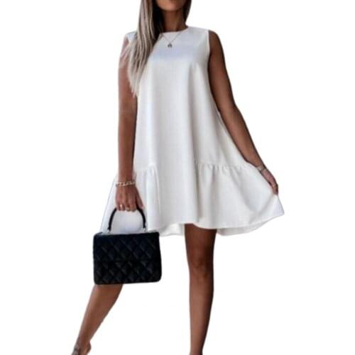 Summer Dress Solid Color Loose Mini Ladies Sleeveless Ruffle Dress Beach Dresses Woman Femme Robe Loose Casual Female Vestidos