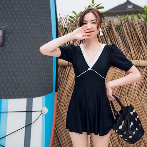 Swimsuit Fused Female Swimwear 1 Piece Plus Size Beach Swim Dress Bathing Suit One Piece Cute Korean Surfing Trendy One Black