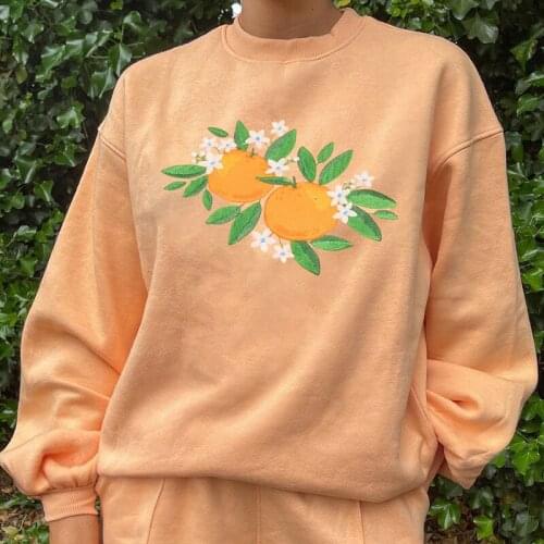 Harajuku Casual Winter High street women sweetshirts Floral Y2k Hoodies Orange grunge Pullovers Long Sleeve cute O-Neck Blouse