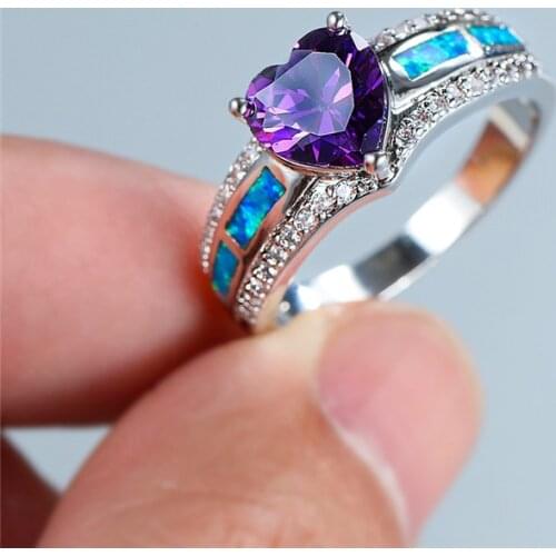 Luxury Female Blue Opal Stone Ring Classic Silver Color Wedding Rings For Women Vintage Love Heart Crystal Engagement Ring