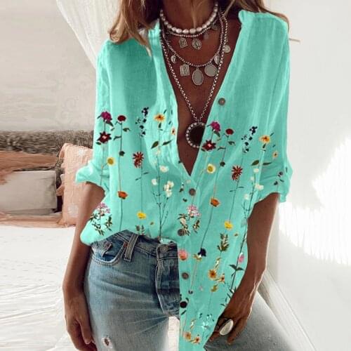 Floral Peinted Shirts Women Stand Long Sleeve Casual Shirt Blouse Blusas Verano Vintage Loose Button Up Shirts Oberteile Damen