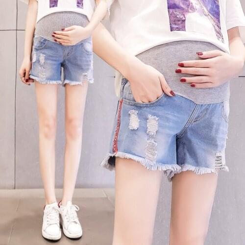 Ripped Hole Denim Maternity Shorts Elastic Waist Belly Short Jeans Clothes for Pregnant Women Side stripe Summer Pregnancy Wear