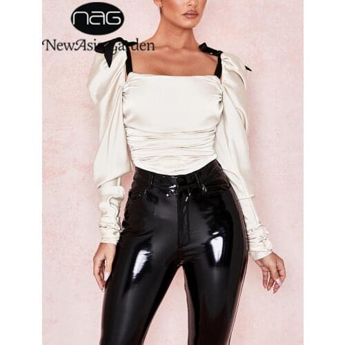 NewAsia Satin Bodysuit Top Ruched Backless Bow Square Neck Zipper Puff Sleeve Romper Women Sweet Elegant Sexy One Piece Clubwear