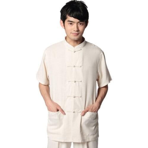 Shanghi Story Beige Linen tai chi shirt Chinese Traditional clothing Tang suit Top mandarin collar kungfu shirt For men