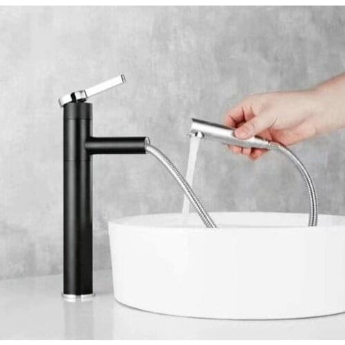 Basin Faucet Total Brass Deck Mounted Bathroom Basin Faucet Single Hole Pull Out Tap Black/Whiter Hot And Cold Water Mixer Taps