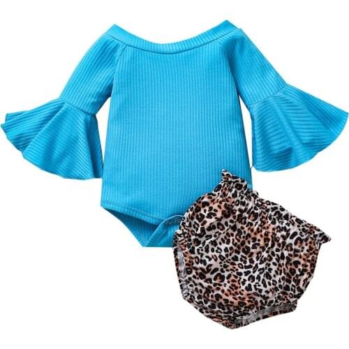 2021 0-24M Infant Baby Girl Clothes Blue Solid Off Shoulder Flare Long Sleeve Knitted Romper+Leopard Triangle Shorts Fall 2pcs