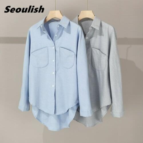 Seoulish Autumn Winter Loose Double Pockets Women Blouse Long Sleeve Single Breasted Turn-down Collar Elegant Chic Shirts Female