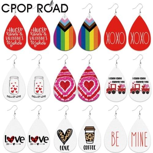 Cpop Valentines Day Leather Earrings for Women Heart Leopard Rainbow Colors Teardrop Earrings Fashion Jewelry Red Heart Car New