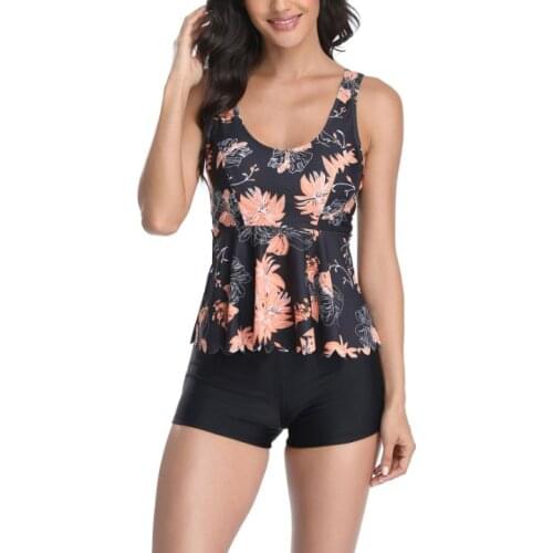 2 Pcs Women Bathing Suits Adults Sleeveless U-shaped Neck Scalloped Hem Printed Tops + Solid Color Boxers
