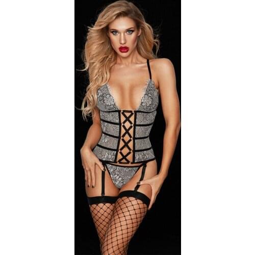 Womens Sexy Mesh Lace Embroidery Corset Costumes Set With Mesh Socking For Pole Dance Cosplay Outfit