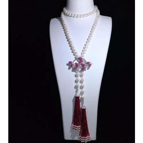 Womens white pearl long Butterfly Necklace luxury tassel red /Green and Blue Jade Gems stone sweater chain