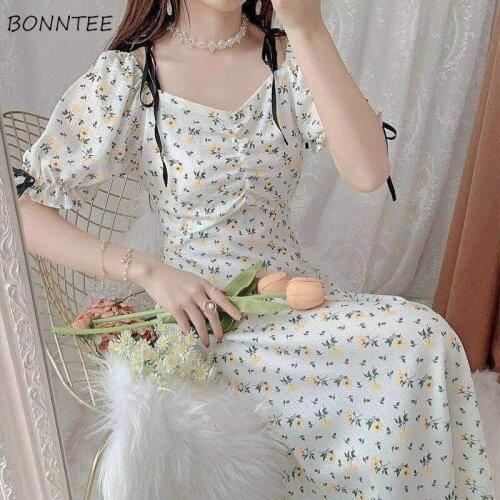 Dress Women Vintage Sweet Puff Sleeve Mid-calf Trendy French Style Romantic Slash Neck Elegant Tender Maiden Summer Lace-up New