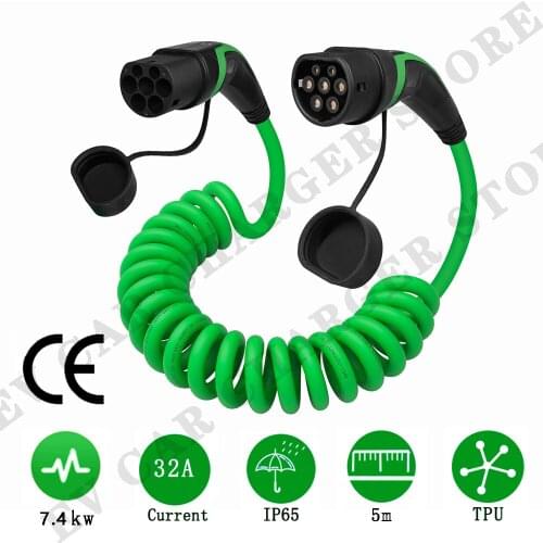 32A 7.4KW EV Charging Spring Cable Type 2 to Type 2 Connector 1 Phase for Electric Car 5 Meters Coiled Cable EVSE Charger