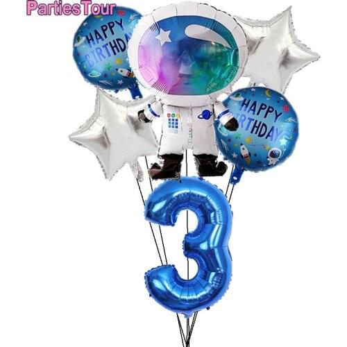 6PCS Outer Space Party Astronaut Helium Balloon 32inch Blue Number Balloons Galaxy Theme 3rd Birthday Party Decor Helium Globos