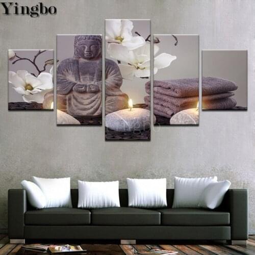 5 Panels 5D DIY Diamond Embroidery Buddha,Orchid,Flower,Zen,Stones,Round Diamond Painting Cross Stitch Rhinestone Mosaic decor