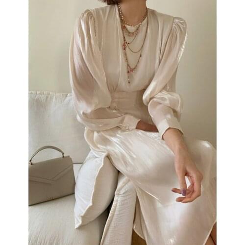 Gloss Vintage Dresses Woman Long Sleeve High Waist Clothing Woman Vestidos Spring White Chic Elegant Party Dress Female Korean