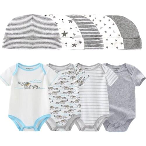 Newborn Baby Boy Girl Bodysuit Set Short Sleeve Cotton Soft 0-12M Baby Bodysuits+Hats Set Infant Clothing Roupas de bebe