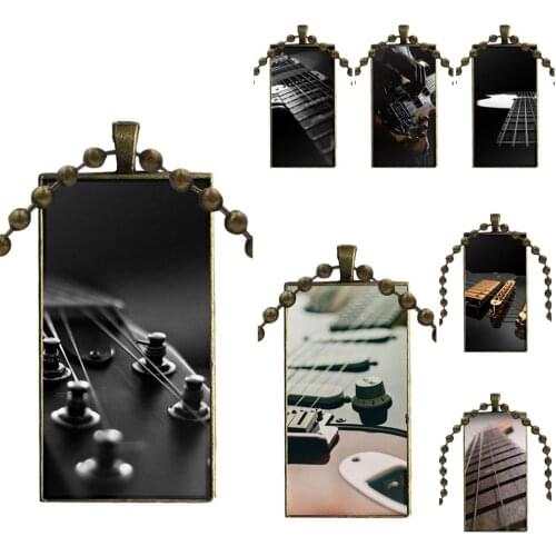 For Christmas Gift Bass Guitar Strings Music Guitares Glass Cabochon Choker Pendant Rectangle Necklace Bronze Color Jewelry