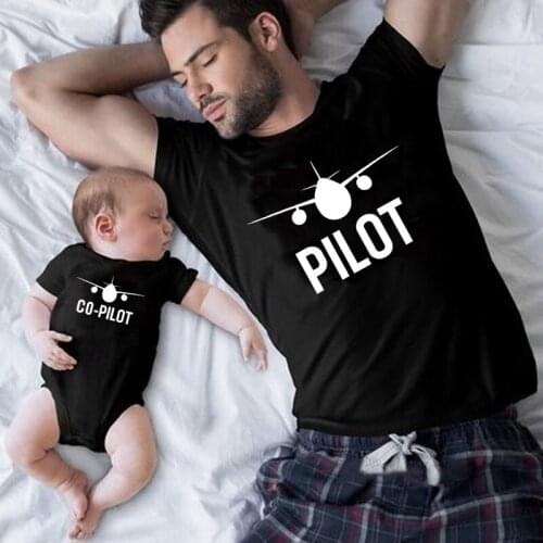Dad and Son Family Look Tshirts Baby Clothes Family Matching Clothes Funny Pilot/Co-pilot Print Father and Son Matching Shirts