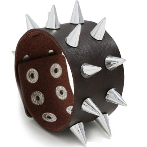 Jessingshow Three Row Cuspidal Rivet Stud Wide Cuff PU Leather Punk Gothic Rock Unisex Bracelet Men Jewelry Leather Bracelet