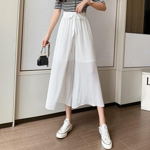 Thin Chiffon Wide Leg Capris Women Lace Up High Waist Pants Women Drop Capris Pants Skirt Womens