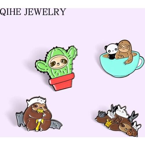 Sloths and Animals Enamel Pins Cat Panda Rabbit Coffee cup Cactus Potted plants Badge Cartoon Brooches Gift For Women Men