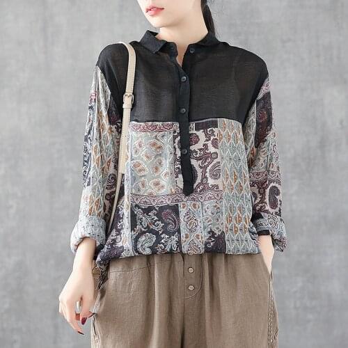 Linen Thin Shirts Tops Women Loose Spring Clothes Blusas 2021 New Style Floral Printing Vintage Blouses Long Sleeved Casual