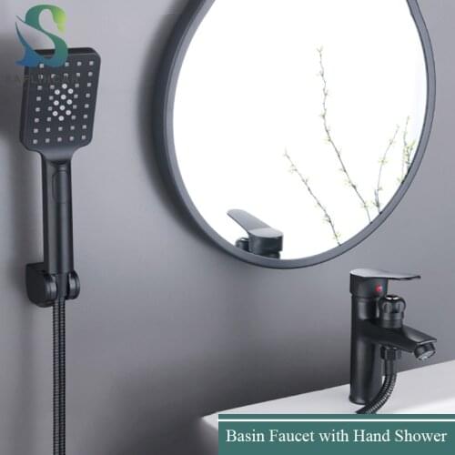 Matte Black Basin Faucet Single Handle Hot Cold Mixer With 3 Function Hand Showe Bathroom Washbasin Dual-Purpose Bath Faucet