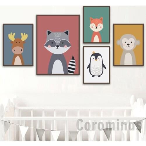 Cute Cartoon Animals Nordic Canvas Painting Fox Deer Cows Raccoon Wall Art Posters And Prints Wall Picture Kids Room Baby Decor