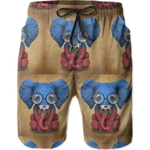 Male Shorts Causal R333 Breathable Quick Dry Funny Geekrunning Baby Elephant With Glasses And Haitian Flag Poste
