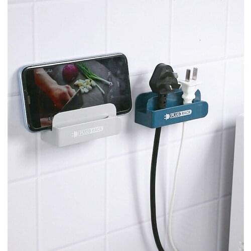 Wall Storage Organization Hook Power Plug Rack Socket Clip Holder Home Wall Mounted Self Adhesive Mobile Phone Charging Stand