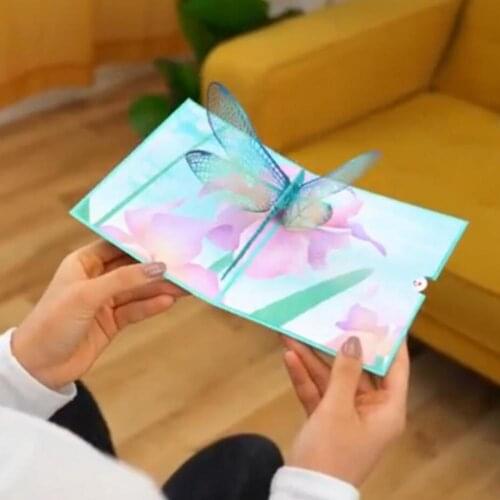New Style Greeting Card Dragonfly Pattern Flower Printed 3D Folding Birthday Card for Birthday Mothers/Fathers Day Gifts