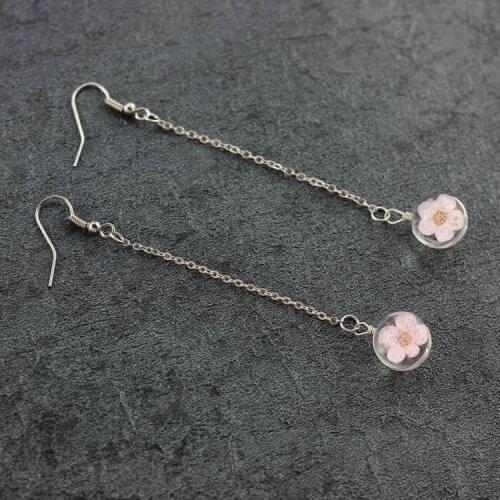 Plant specimens of dried flowers crystal glass ball ear wire Long contracted chain pendant pendant ears #1062