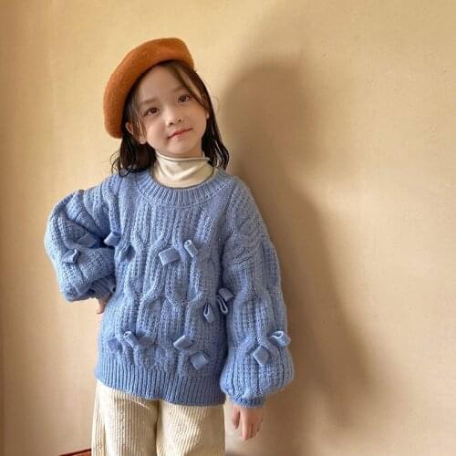 Autumn and winter girls thickened blue loose sweater baby girl sweater small fragrant wind Knitted Top girls sweaters